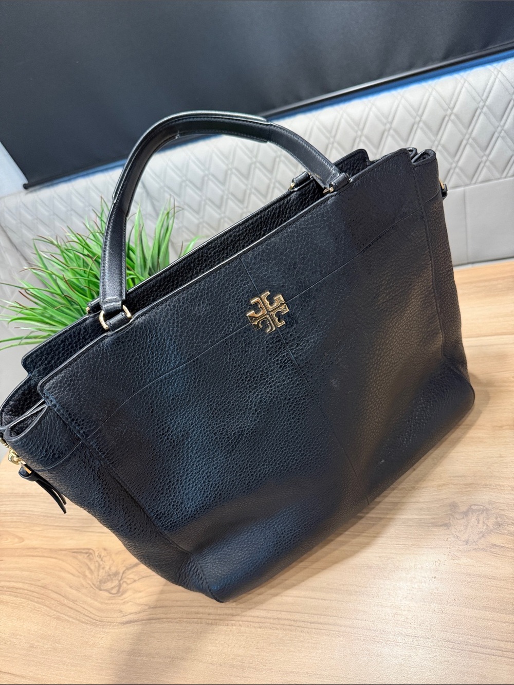 Tory Burch Black Leather Double-Handle Tote with Gold Logo